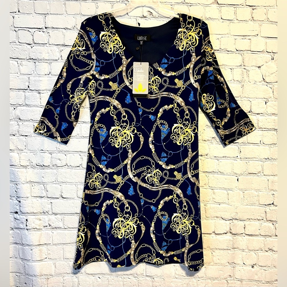 NWT Lbisse Blue Print, Stretch, Tunic Dress- medium